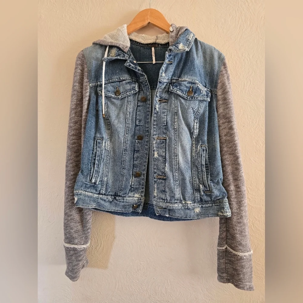 Free People Distressed Denim & Knit French Terry Hoodie Jacket,Blue/Gray, Size L